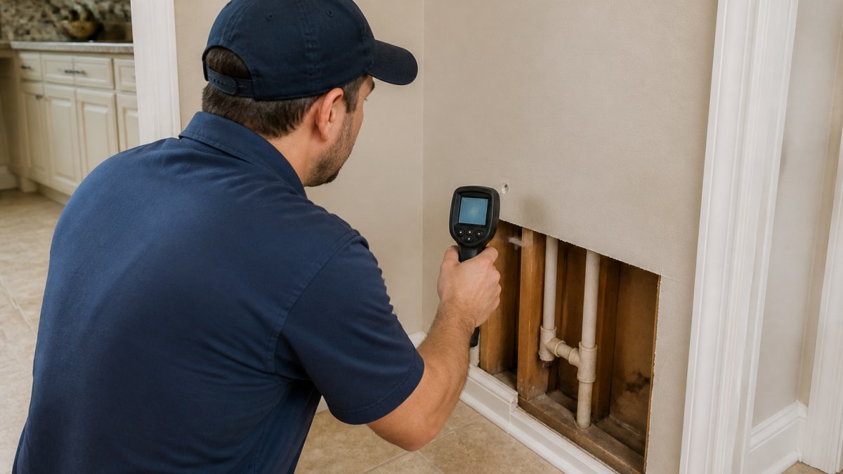 Licensed plumber using thermal imaging camera to inspect wall for hidden water leaks in residential home, professional clinic lighting